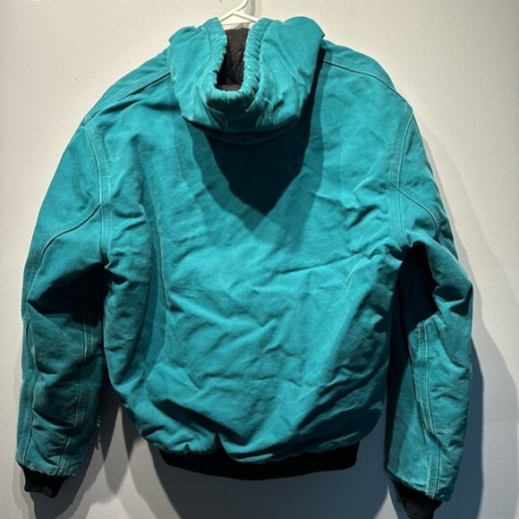 Teal Carhartt Santa Fe Bomber Jacket Rare Vintage Hooded Aqua Sz Unknown USA 90 - Picture 2 of 10